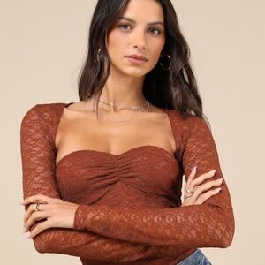 Lulus Curated Effect Rust Brown Lace Two-piece Shrug Bodysuit - Size M